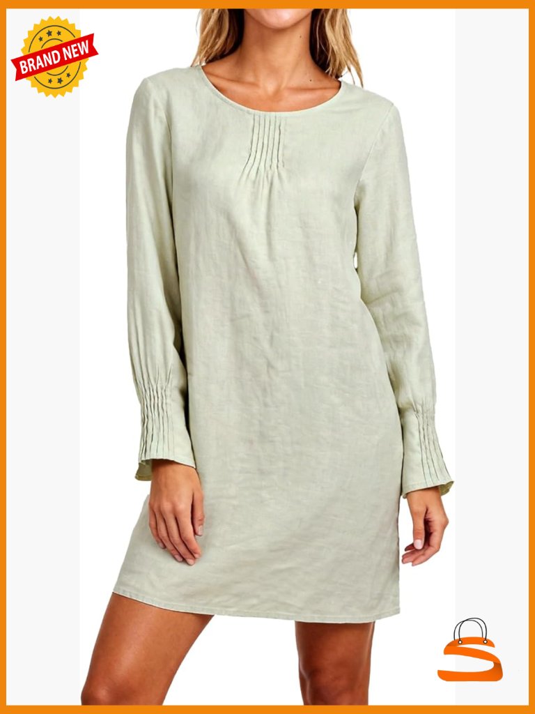 100% Linen Summer Long Sleeve Shift Dress Casual Mini